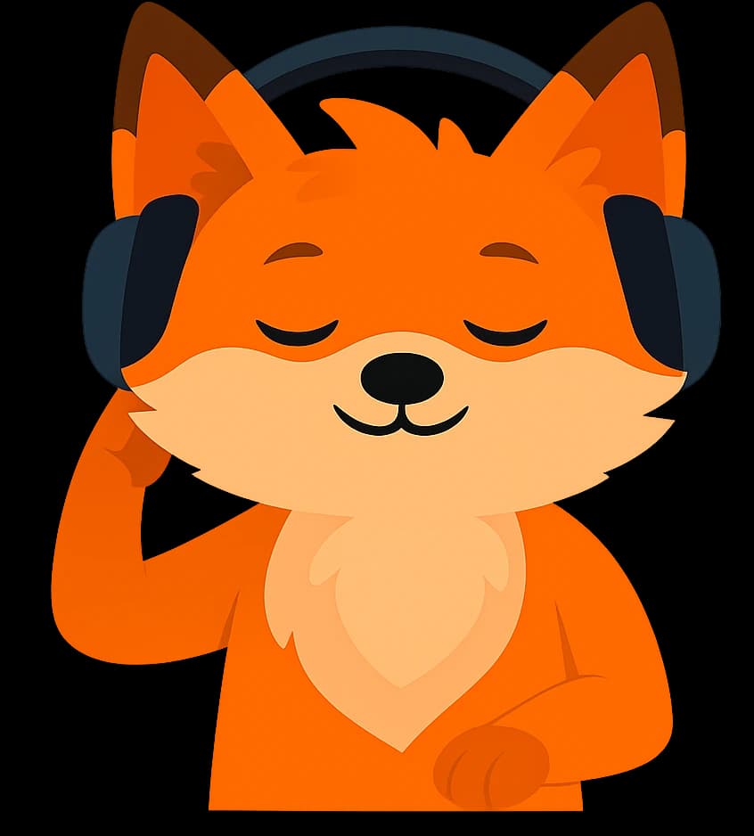 Mascote do Zafriel, uma raposa de fone de ouvido, acompanhando uma conversa em call